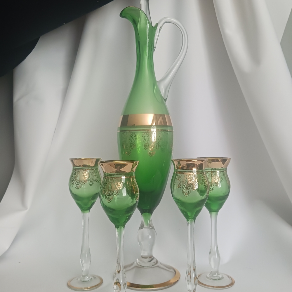 Elegant Green and Gold Glass Decanter Set